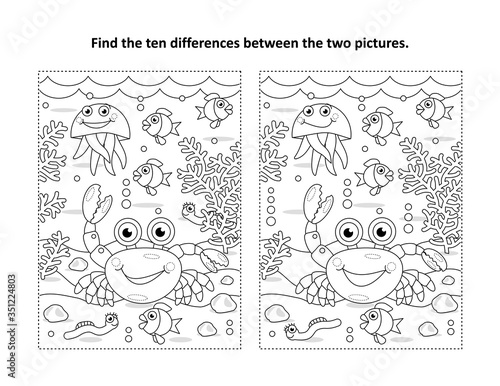 Find ten differences underwater visual puzzle and coloring page, crab, sea life, black and white, suitable both for kids and adults
