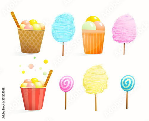 Sweet food isolated clipart collection. Candy cotton or floss, ice cream, sweets, lollipops, and desserts. Sweet street food for children. Vector colorful watercolor style cartoon for kids.