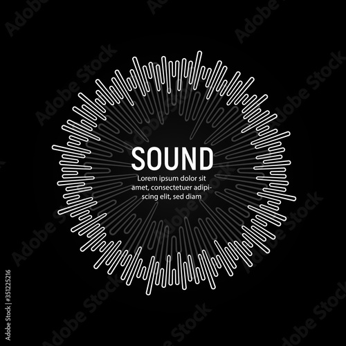 Soundtrack playback, music record vector illustration. Radial sound waves, tunes mixtape app icon on black background. Round white musical recording studio sign.