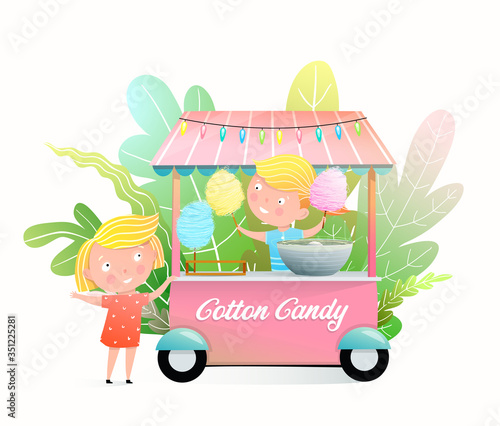 Cute kids buying cotton candy at the fair stall. Little girls selling and buying candy floss in the market, children fair sweet food cartoon. Vector in watercolor style design for kids.