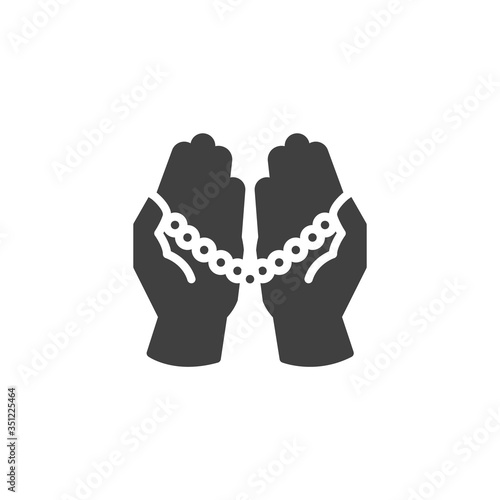 Praying hands holding Rosary Tasbih vector icon. filled flat sign for mobile concept and web design. Hands with rosary beads glyph icon. Symbol, logo illustration. Vector graphics