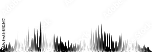 Audio playback, rating bar, skyscrapers panorama, tune sound waves vector illustration. Soundtrack recording, music vibrations icon. Black and white wiretapping image.