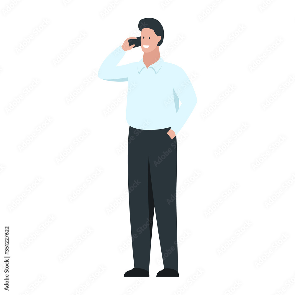 Vector concept illustration of happy smiling man talking on the phone. Standing male character full length cartoon drawing. Man making a call and having a nice conversation on the mobile phone Vector concept illustration of happy smiling man talking on the phone. Standing male character full length cartoon drawing. Man making a call and having a nice conversation on the mobile phone
