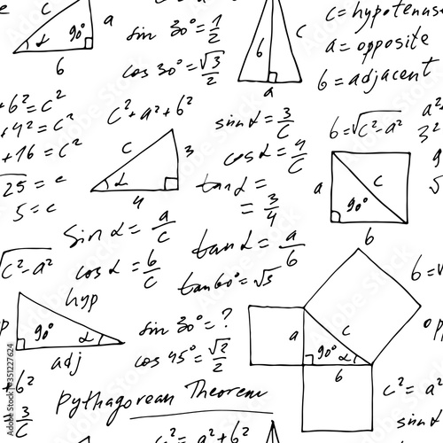 Handwritten trigonometric vector seamless pattern, hand drawn monochrome math formulas isolated on white background, mathematical, geometrical, scientific, education backdrop