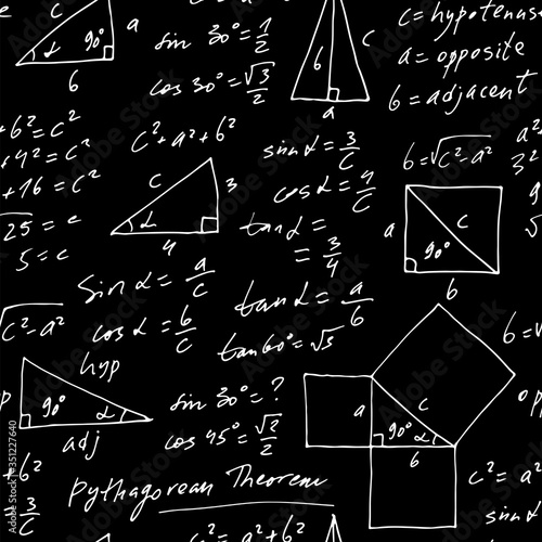 Handwritten trigonometric vector seamless pattern, hand drawn monochrome math formulas isolated on black background, mathematical, geometrical, scientific, education backdrop