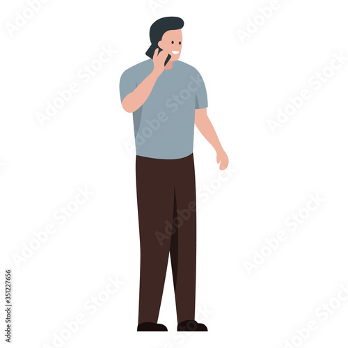 Vector concept illustration of happy smiling man talking on the phone. Standing male character full length cartoon drawing. Man making a call and having a nice conversation on the mobile phone