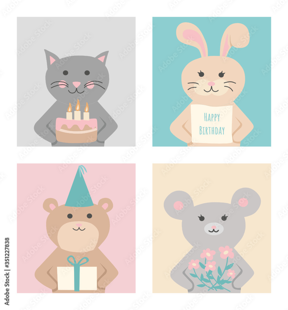 Vector birthday card with cute animals. Four different animals with different gifts