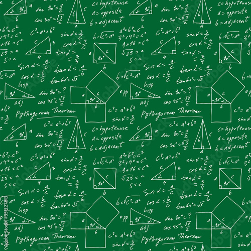 Handwritten trigonometric vector seamless pattern, hand drawn monochrome math formulas isolated on green background, mathematical, geometrical, scientific, education backdrop