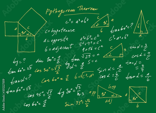 Handwritten trigonometric vector set, hand drawn monochrome math formulas isolated on green chalkboard background, mathematical, geometrical, scientific, education illustration