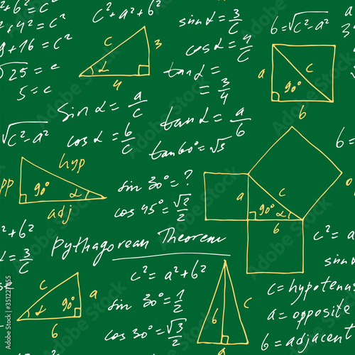 Handwritten trigonometric vector seamless pattern, hand drawn monochrome math formulas isolated on green background, mathematical, scientific, geometrical, education backdrop