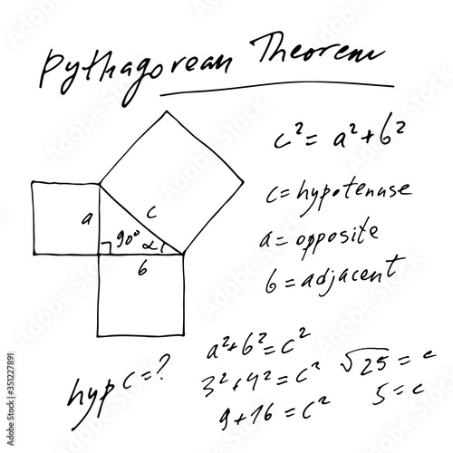 Handwritten trigonometric vector set, hand drawn text of Pythagorean Theorem solution isolated on white background, mathematical, scientific, geometrical, education formulas collection