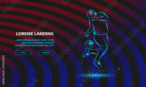 Soccer player fights with ball on heel. Vector Sport Background for Landing Page Template.