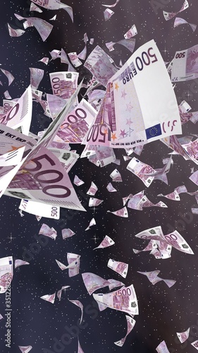 Wallpaper Mural Flying euro banknotes on a outer space starry background. Money flying in the outer space. 500 EURO in color. Vertical orientation. 3D illustration Torontodigital.ca