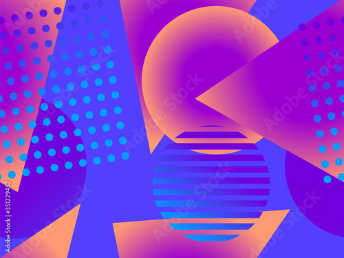 Seamless pattern with geometric shapes memphis style 80s. Triangles and circles with multicolored gradient. Background for brochures, promotional material and wallpaper. Vector illustration