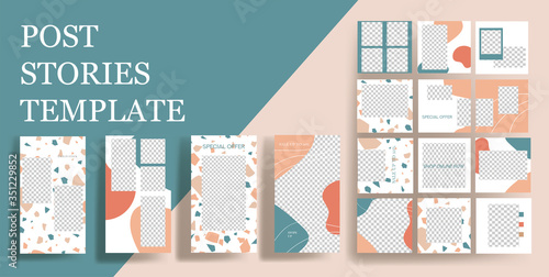 Design backgrounds for social media banner. Set of instagram  stories and post frame templates.Vector cover. Mock up for personal blog or shop.Layout for promotion.Endless square puzzle layout