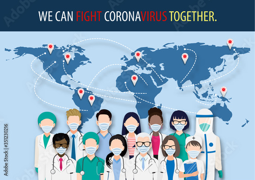 Cartoon character with doctors and medical staff around the world wearing face masks standing fighting for Coronavirus, Covid-19 on world map. Corona virus disease awareness vector