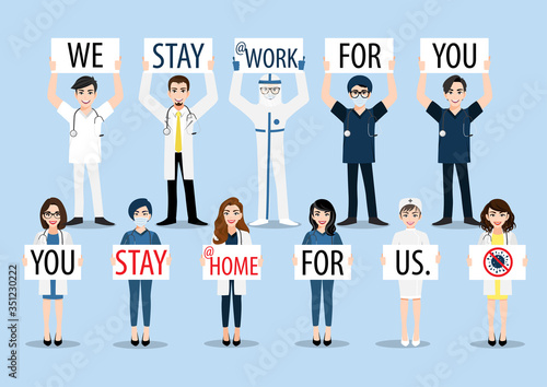 Cartoon character with doctors, nurses and medical staff holding poster requesting people avoid Coronavirus and Covid-19 spreading by staying at home. Coronavirus Disease awareness vector