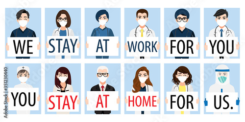 Cartoon character with doctors, nurses and medical staff holding poster requesting people avoid Corona virus and Covid-19 spreading by staying at home. Corona virus Disease awareness vector