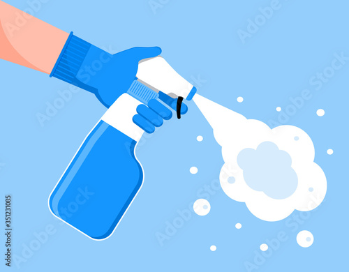 Disinfection concept vector for app, web, landing page. Human in gloves holding bottle of antiseptic spray. Hand sanitizer bottle, antiseptic gel are shown. Distinctive liquids PPE.