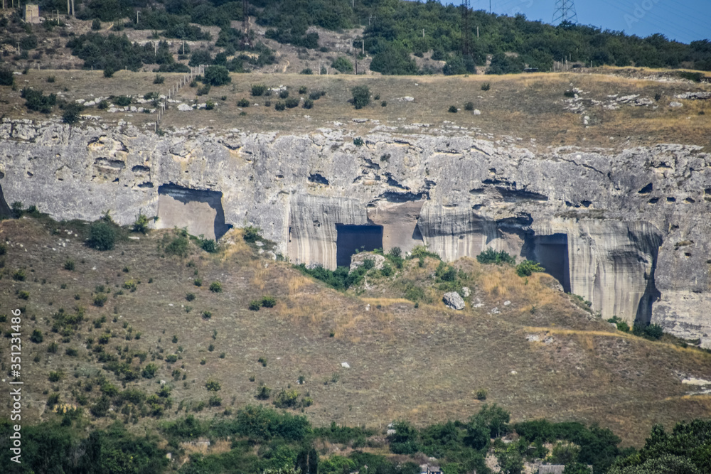 Ancient quarries in rocks. Evidence of an ancient highly developed civilization. Crimean peninsula.