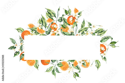 Watercolor citrus frames for summer wedding invitations. Citrus Oranges Clipart arrangements. Wedding summer invites.