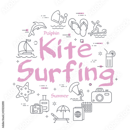 Pink text Kite Surfing with linear summer time icons