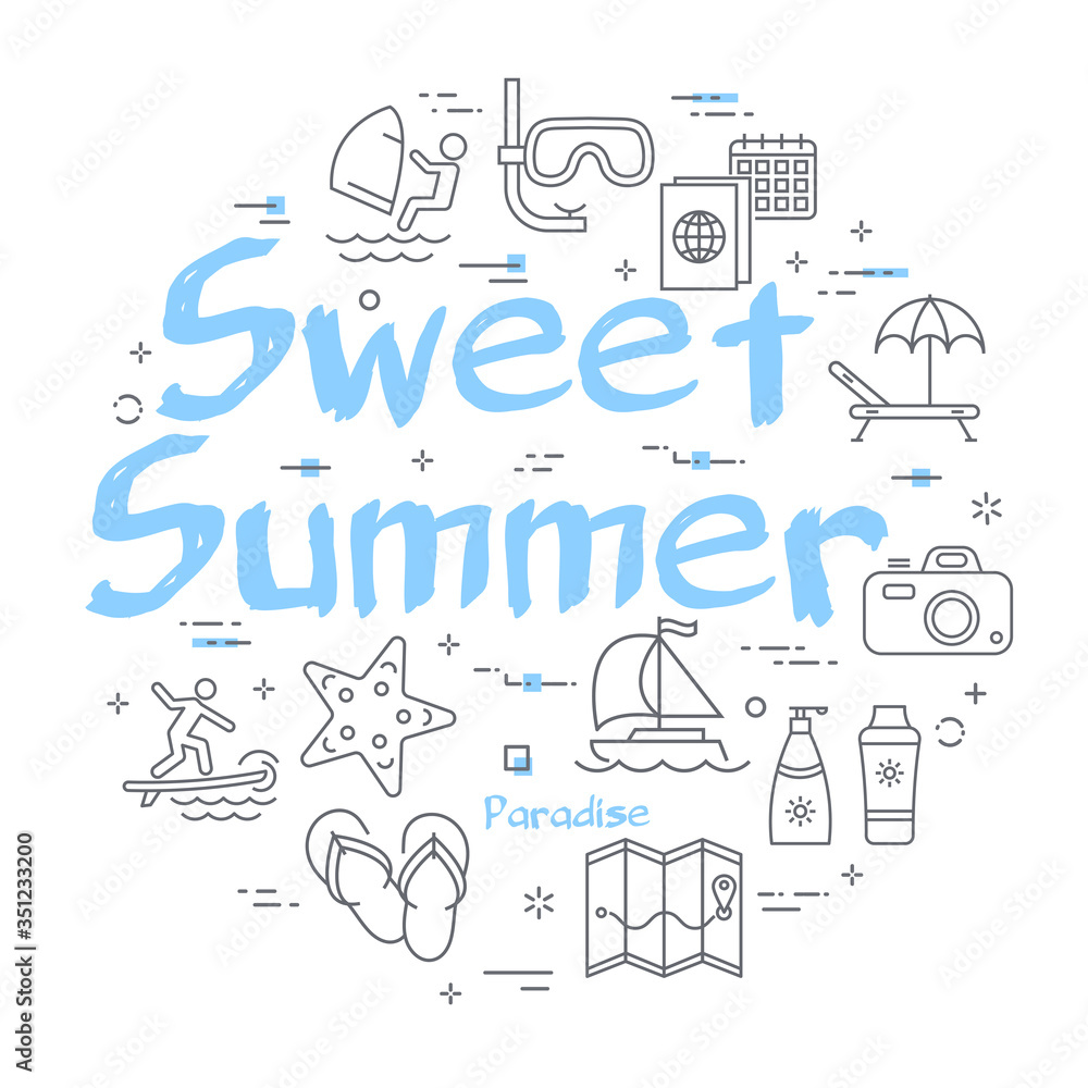 Blue text Sweet Summer with linear summer time icons Blue text Sweet Summer with linear summer time icons