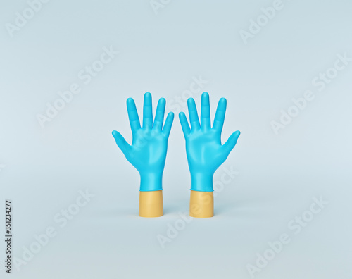 cartoon style minimal symbol. Hands in protective blue gloves. protection and Precaution against viruses and bacteria. 3d rendering