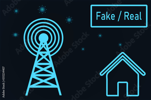 Conceptual vector illustration of the spread of real or fake news about Covid-19.  Telecommunication tower emit signals worldwide: information or misinformation