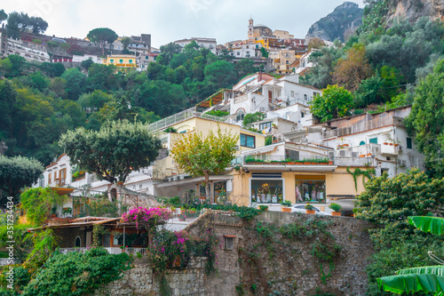 Beautiful colorful houses on a mountain in Positano, a town on Amalfi coast