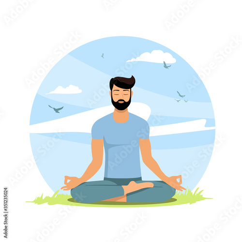Happy healthy man practicing yoga in lotus position on the nature. Sport activity  workout  exercise  fitness  outdoor  meditation  lifestyle  harmony. Stock vector illustration in a flat style.