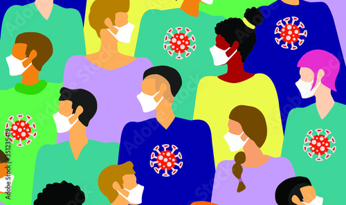 society of different races wearing masks against coronavirus.
masked people. masked society. pandemic