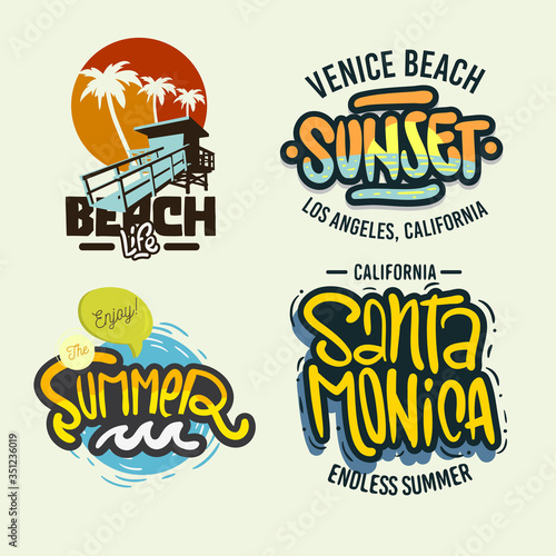 Summer Time Beach Life Hand Lettering  Vector Illustrations Set Designs.