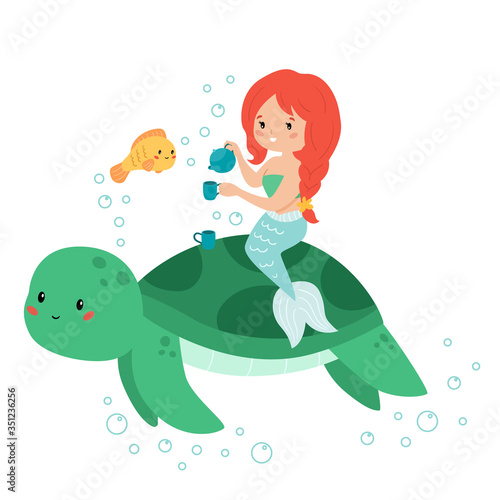 Cute kawaii mermaid with tea cup. Vector cartoon fish and turtle. Tea time. Illustration for children book or greeting card.