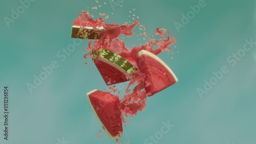 Watermelon slices with juice splash. Super slow motion.