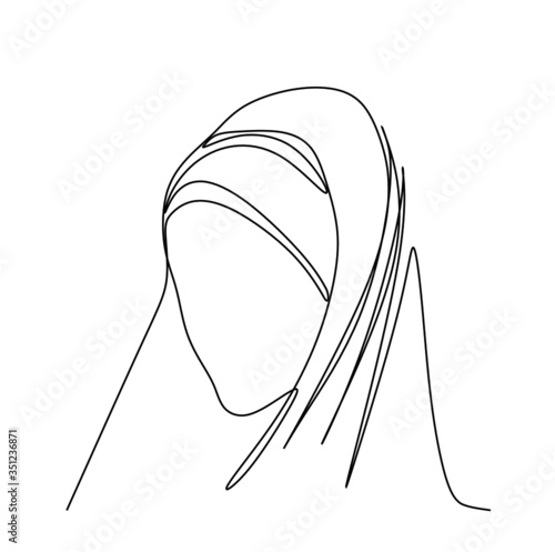 Portrait of pretty young muslim woman in modern head scarf or hijab Continuous single line vector illustration concept