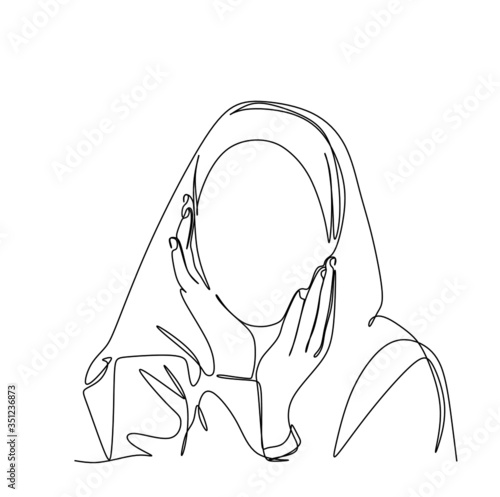 Portrait of pretty young muslim woman in modern head scarf or hijab Continuous single line vector illustration concept