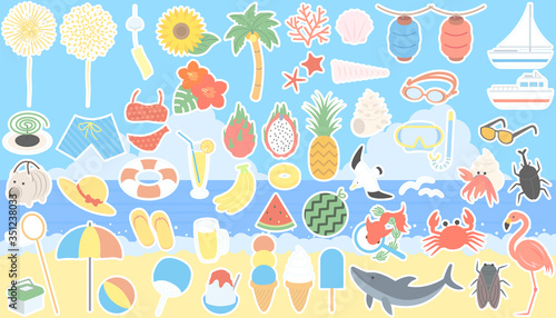 白フチ付きの夏のイラストセット