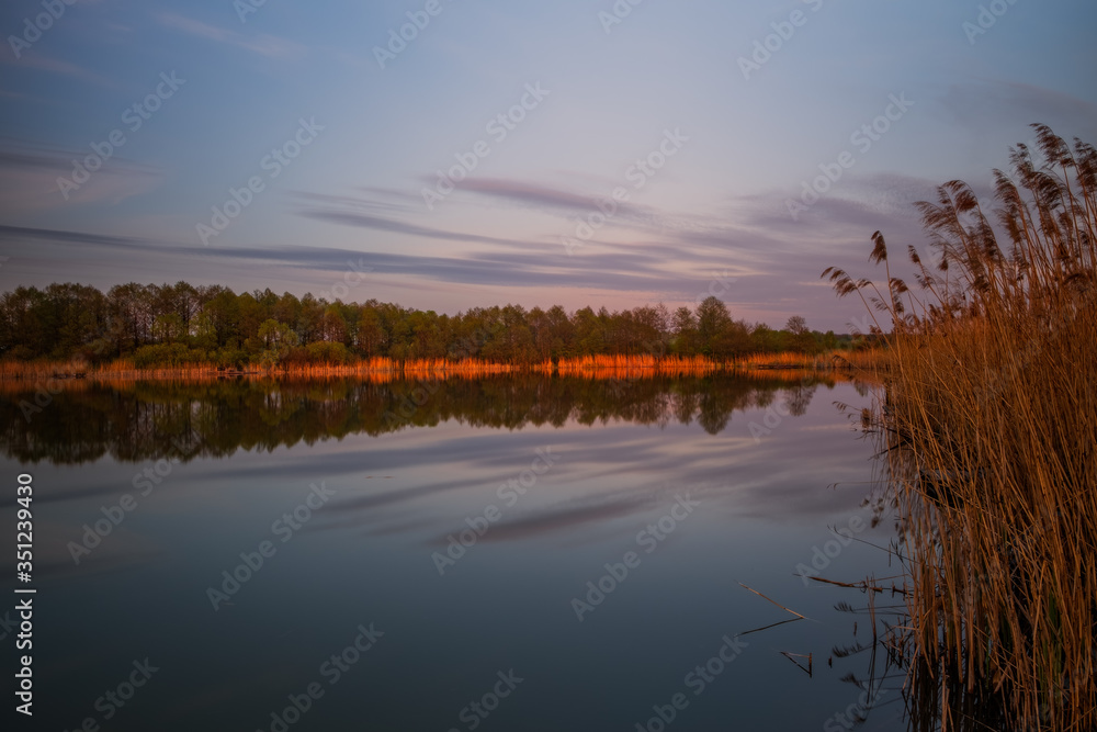 Sunset evening view on Sukhovilske Lake and forest in Sukhovolia, Rudno. Lviv district, Ukraine. May 2020