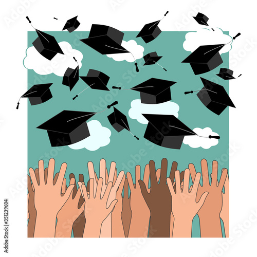 University graduation ceremony flat illustration. Higher education, bachelor, master degree. Multicultural students throwing mortar boards isolated clipart. International college grad