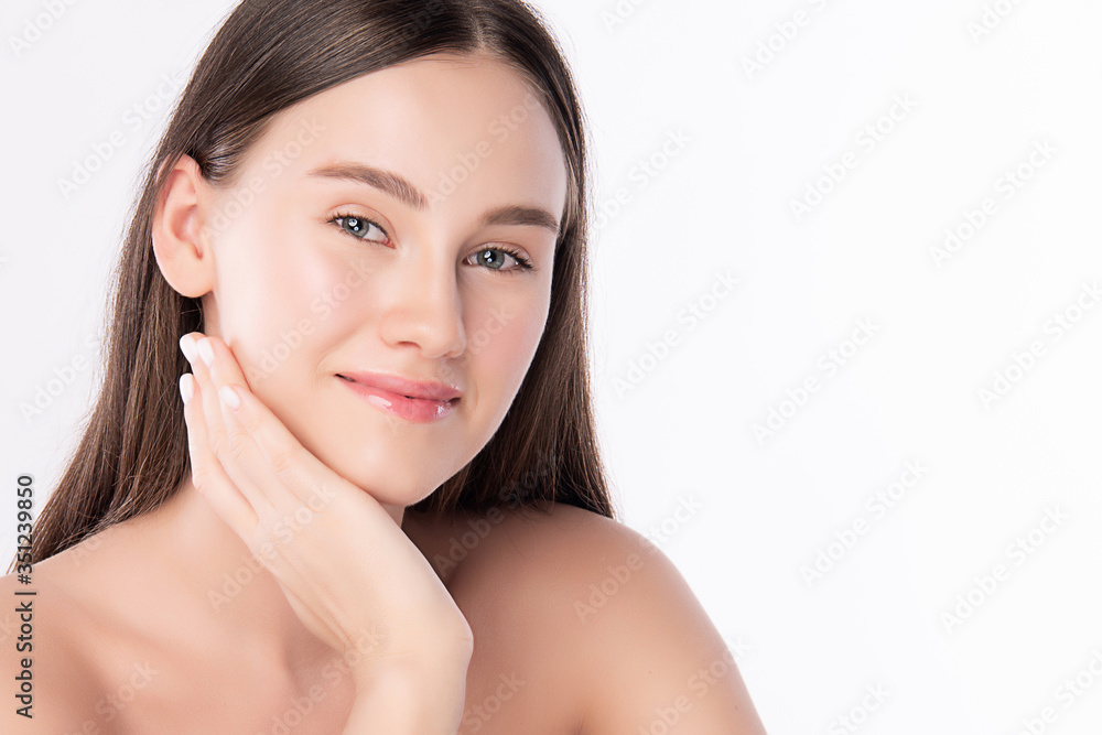 Beautiful Young Woman touching her clean face with fresh Healthy Skin, isolated on white background, Beauty Cosmetics and Facial treatment Concept. Beautiful Young Woman touching her clean face with fresh Healthy Skin, isolated on white background, Beauty Cosmetics and Facial treatment Concept.