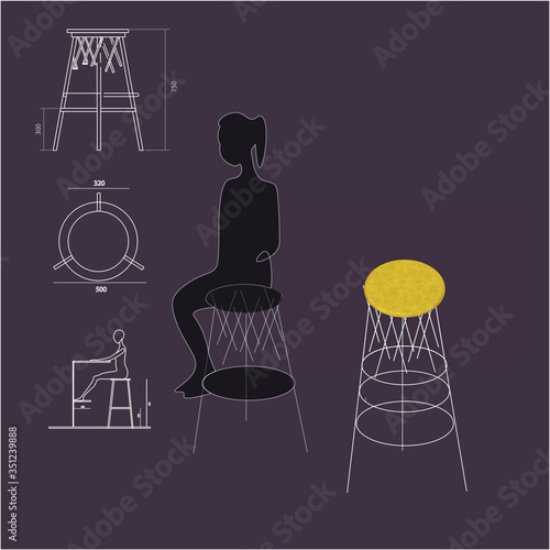ergonomic bar stool. high stool. silhouette of a girl. orthogonal and axonometric projections
