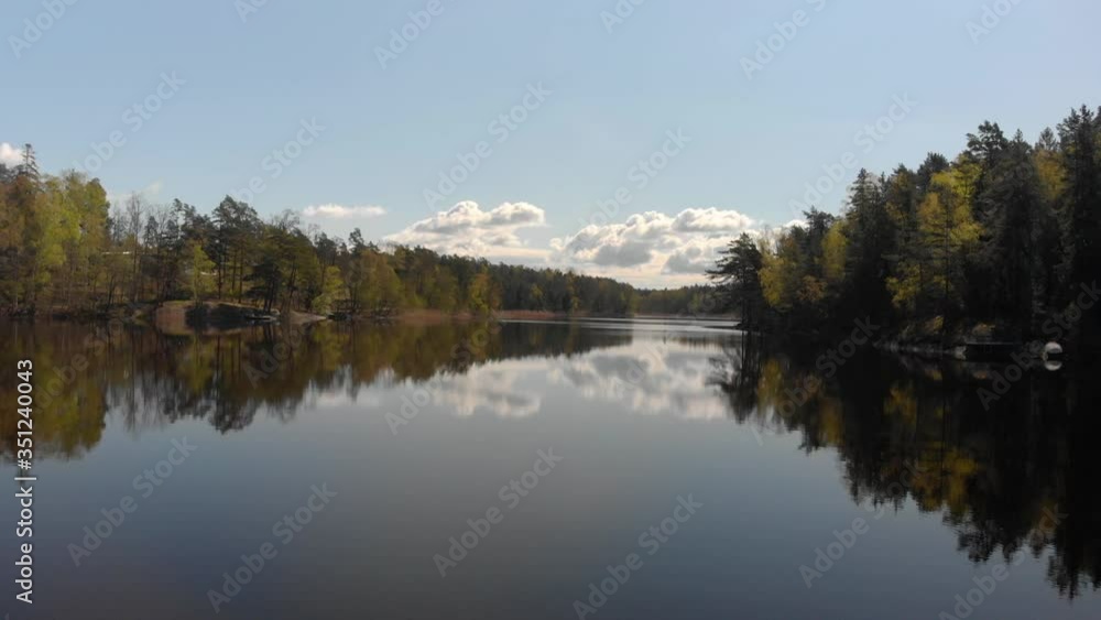 Drone flying over a calm lac in Sweden, showing all the forest and the nature around, on a beautiful and sunny day with blue sky, Drone flying over a calm lac in Sweden, showing all the forest and the nature around, on a beautiful and sunny day with blue sky,