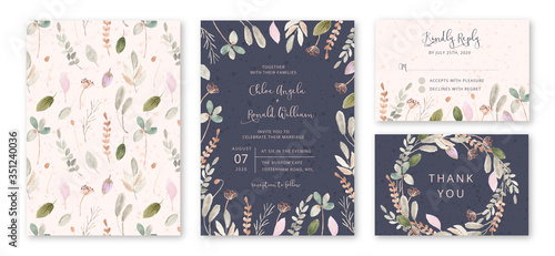 wedding invitation set with beautiful leaves and branches watercolor