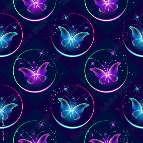 Glowing background with magic butterflies. Transparent butterflies and glowing blooms. Seamless pattern.