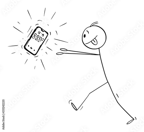 Vector cartoon stick figure drawing conceptual illustration of addicted man trying to get new mobile phone or telephone or cellphone or smartphone.