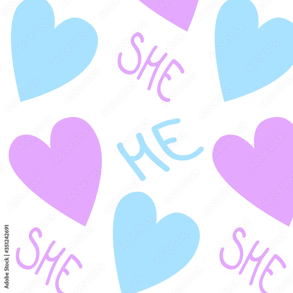 Pattern with blue and pink hearts and lettering HE SHE. Gender Reveal Party.
Pattern with blue and pink hearts and lettering HE SHE. Gender Reveal Party.