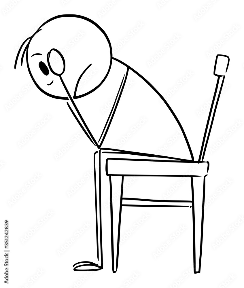 Vector cartoon stick figure drawing conceptual illustration of depressed or sad man in stress with head in hands sitting on chair. Vector cartoon stick figure drawing conceptual illustration of depressed or sad man in stress with head in hands sitting on chair.