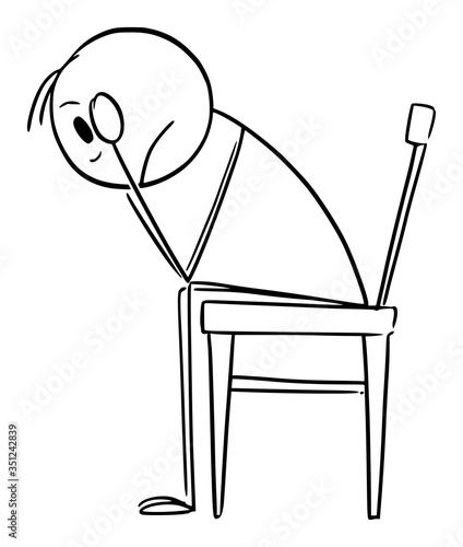 Vector cartoon stick figure drawing conceptual illustration of depressed or sad man in stress with head in hands sitting on chair.