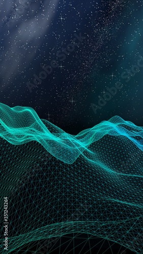 Abstract landscape on a dark background. Cyberspace grid. hi tech network. Outer space. Vertical orientation. Starry outer space texture. 3D illustration